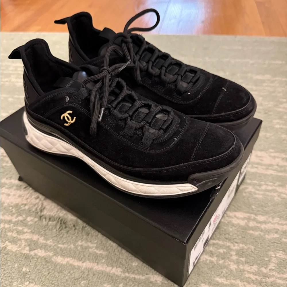 Chanel Black Suede/ Calfskin  Women’s  Sneakers with Gold Logo Accent